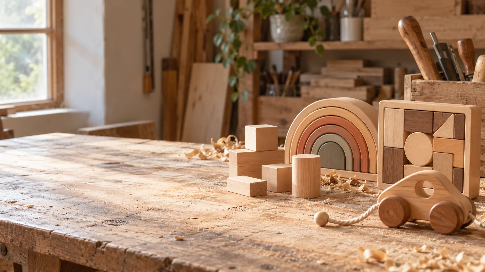 Wooden toys on a craftsman workbench