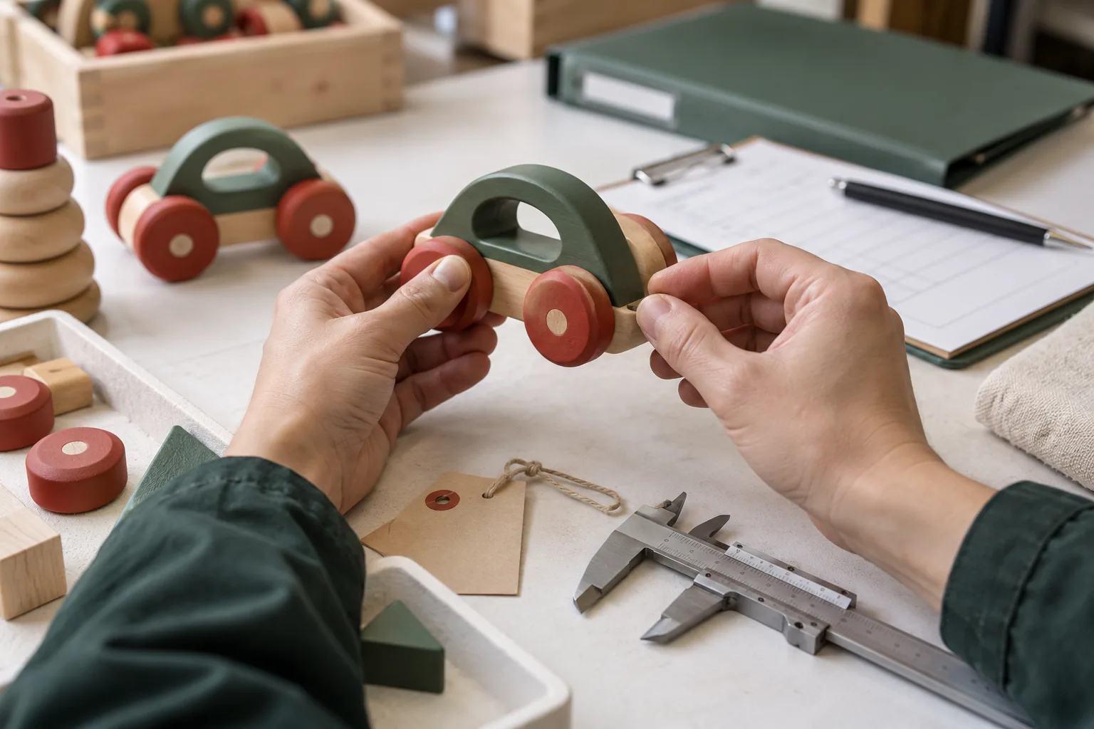 Wooden toy edge and coating inspection at a quality desk
